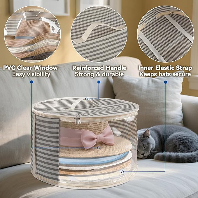 1 Pack Hat Storage Box with Clear Window, Holds up to 7 Caps Cowboy Hat Organizer Bag for Closet for Wide Brim Hats with Carrying Handles, Gray