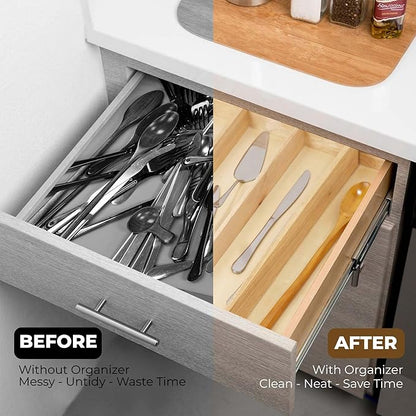 Utensil Drawer Organizer, 5 Compartment Expandable Rubberwood Silverware Tray, Cutlery Drawer Organizer for Kitchen Organization, Wooden Holder for Adjustable Storage