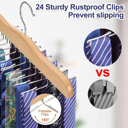 TOPIA HANGER Tie Rack Hanger for Closet, Wooden Tie Organizer for Men with 24 Folding Hooks, Space Saving Necktie Holder for Storage and Display Bra, Tank Top, Camisole (1-Pack), Natural- CT14N