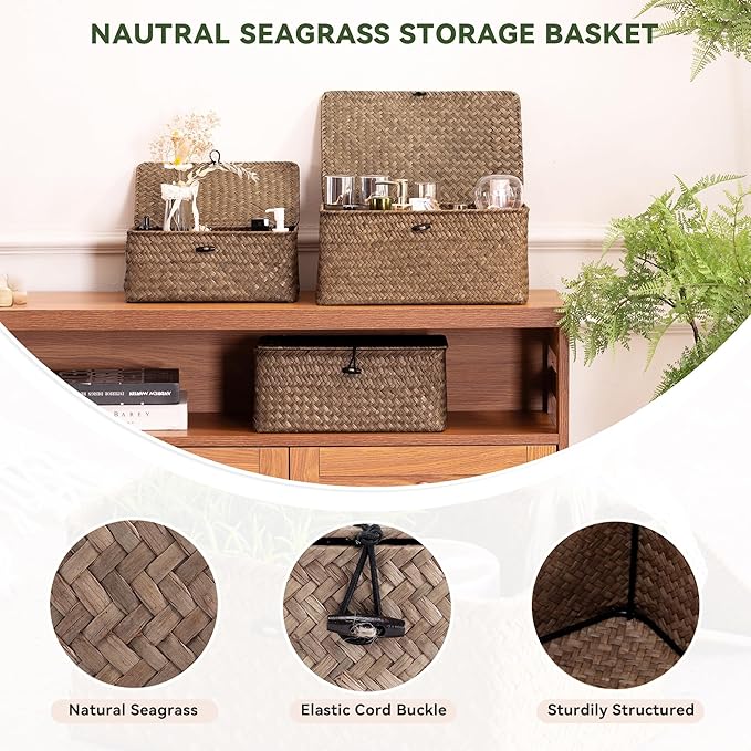 Nonam Small Basket with Lid, Natural Seagrass Bin with Lid, Shelf Baskets Multipurpose Container for Boho Decoration, Rectangular Household Storage Boxes for Home Organization-Coffee