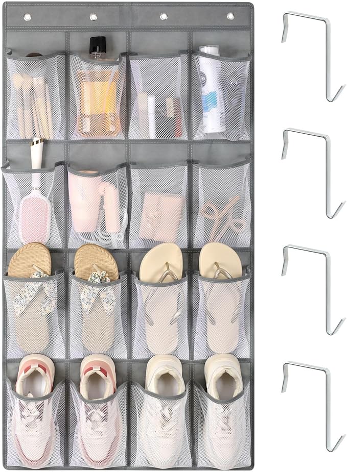 F-color 16-Pocket Hanging Organizer - Over the Door Shoe Organizer, Cruise Essentials for Cabin & RV, Breathable Mesh Storage Pockets, Space Saving Hanging Storage Holder with 4 Sturdy Metal Hooks