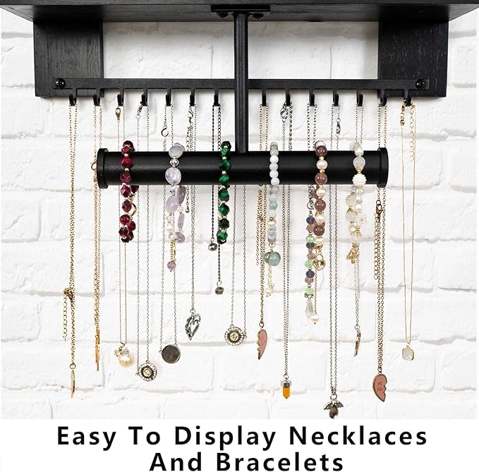 Pinzoveco Hanging Jewelry Organizer Wall Mounted With Wall Jewelry Organizer Holder For Necklaces Bracelet Earrings Ring (Black)
