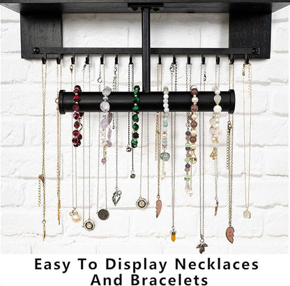 Pinzoveco Hanging Jewelry Organizer Wall Mounted With Wall Jewelry Organizer Holder For Necklaces Bracelet Earrings Ring (Black)