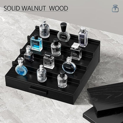Walnut Wood Cologne Organizer for Men,4 Tier Cologne Stand,Perfume Stand Organizer,Cologne Shelf Display Holder with Hidden Storage and Drawer,Great Gift for Men,Black