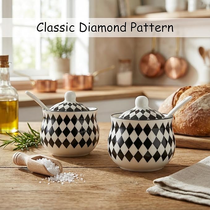 Snailhouse Salt Cellar with Lid and Spoon, 7 OZ Ceramic Spice Holder Container Jar Bowl Keeper Storage Canister for Countertop, Black Checkered