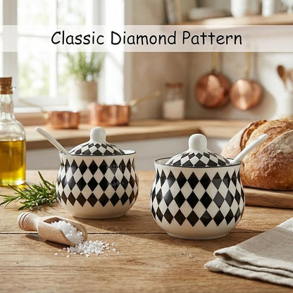 Snailhouse Salt Cellar with Lid and Spoon, 7 OZ Ceramic Spice Holder Container Jar Bowl Keeper Storage Canister for Countertop, Black Checkered