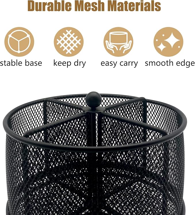 DysanVica 360° Rotating Metal Utensil Caddy - 4 Compartment Silverware Cutlery Holder Rotation Fork Spoon Napkin Organizer Flatware Storage Basket Party Countertop Buffet Picnic Camping Outdoor Black