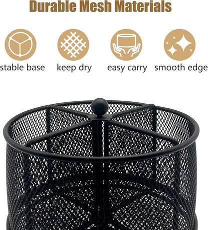 DysanVica 360° Rotating Metal Utensil Caddy - 4 Compartment Silverware Cutlery Holder Rotation Fork Spoon Napkin Organizer Flatware Storage Basket Party Countertop Buffet Picnic Camping Outdoor Black