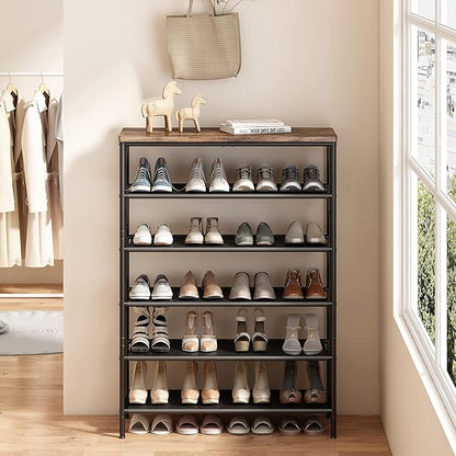 INGIORDAR Shoe Rack Organizer 6 Tier Metal Organizer Shelf with Industrial MDF Board and Layer Fabric for Entryway Closet Bedroom Living Room Garage,Black & Rustic Brown (Black+Rustic Brown, 6 Tier)