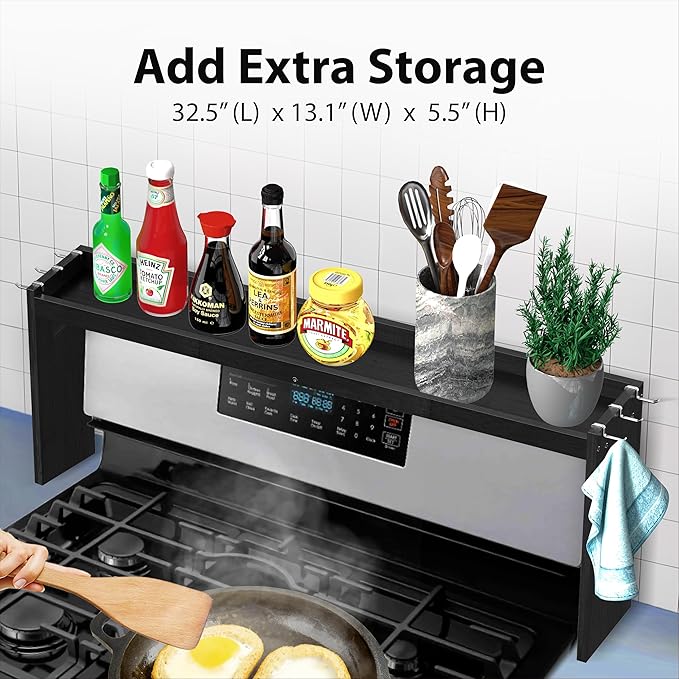 IIIOIIIA Bamboo Over the Stove Spice Shelf for Kitchen, 31.5" Spice Rack Organizer Shelf with 6 hooks, 11.4" Height Extra Storage Countertop, Easy to Assemble, Black