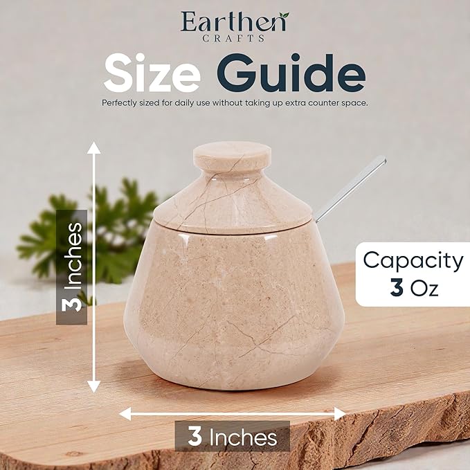 Marble Salt Cellar with Lid 3 Inch Beige Handmade Salt Box, Seasoning Container & Spice Jar with Spoon, Stone Salt Holder for Counter, 3 OZ Capacity, Ideal Mother’s Day Gift, Home Decor
