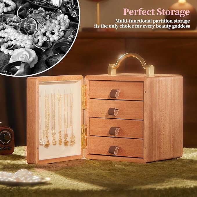 Wooden Jewelry Box for Women Walnut Wooden Jewelry Box with handle 4-Tier Jewelry Organizer for Rings, Necklaces