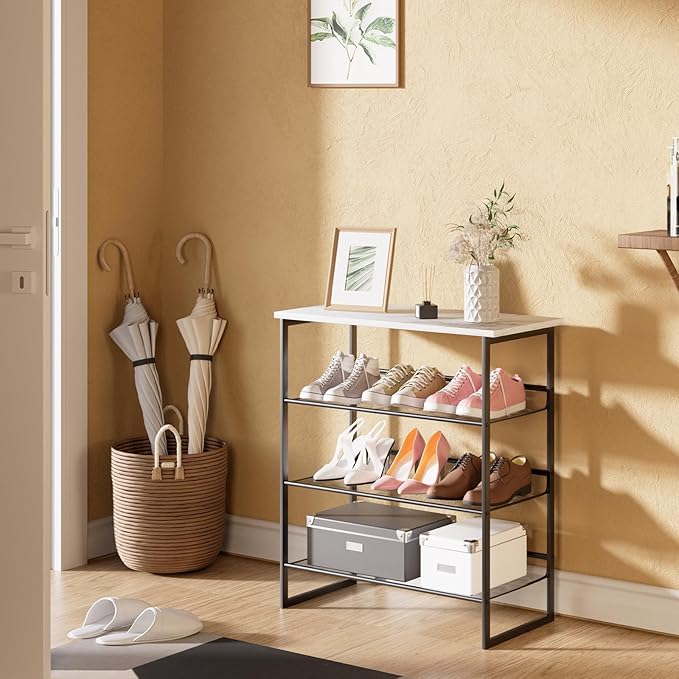 Garden 4 you Shoe Rack for Entryway 4 Tiers 11.8" D x 25" W x 28" H, Metal Shoe Rocks with White Wooden Tabletop, Angled Shoes Rack with Adjustable Mesh Shelves for Entryway Hallway Closet