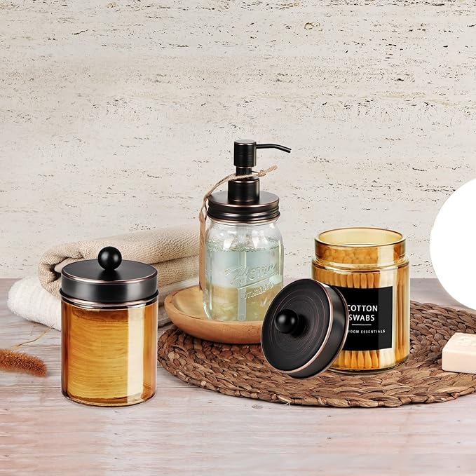 Amolliar Bronze Glass Apothecary Jar With Metal Lid & Stickers, Bathroom Qtip Dispenser Storage Canister, Perfect for Cotton Balls, Cotton Swabs, Makeup Pads, Bath Salt, Floss 1 Pack(ORB)