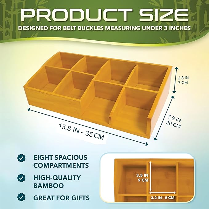 Belt Organizer for Closet and Drawer – 8 Compartments Bamboo Storage Box for Belts and Ties – Eco-Friendly Natural Bamboo