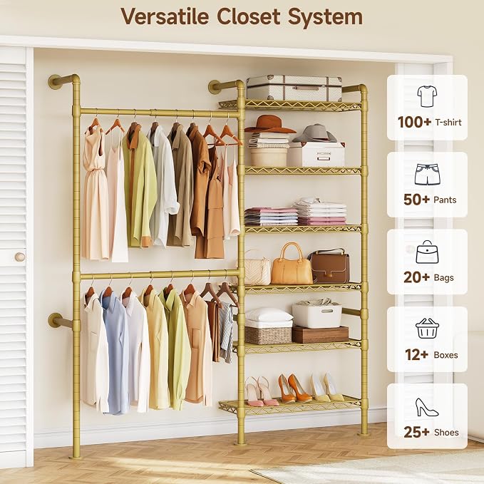 ONBRILL H2 Wall Mounted Clothing Rack, Expandable Industrial Pipe Clothes Rack Garment Racks for Hanging Clothes, Heavy Duty Closet Organizers and Storage in Closet System, Gold