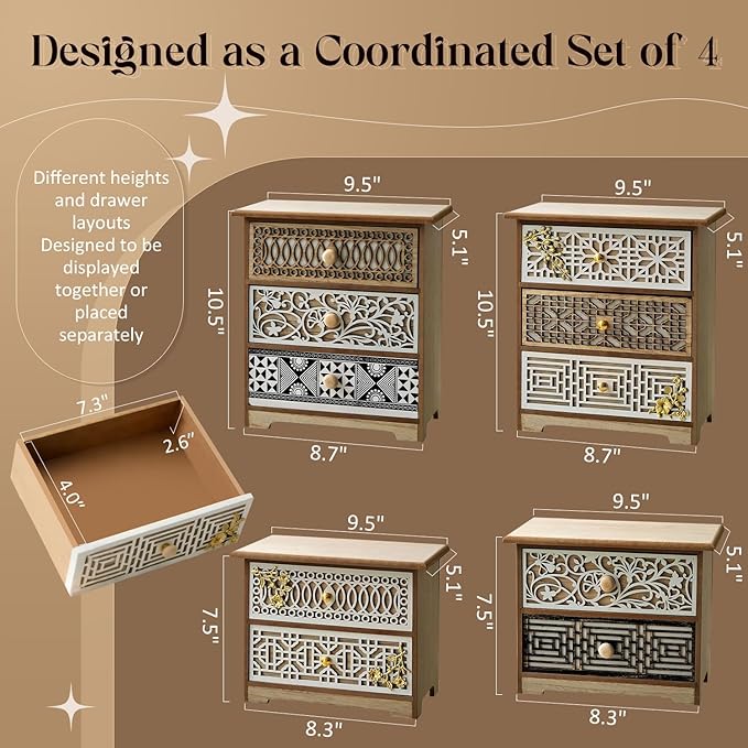 Set of 4 Decorative Solid Wood Drawer Organizers with Artisan Lattice Fronts — Vintage Eastern-Inspired Desktop Storage, Stackable Small Drawer Cabinets for Counters Countertops Cabinet Top