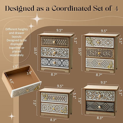 Set of 4 Decorative Solid Wood Drawer Organizers with Artisan Lattice Fronts — Vintage Eastern-Inspired Desktop Storage, Stackable Small Drawer Cabinets for Counters Countertops Cabinet Top