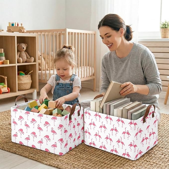 3 Pack Flamingo Storage Baskets for Gifts Summer Flamingo Empty Large Collapsible Toy Storage Bins Box Tropical Canvas Baskets Organizer with Handles Nursery Decor Laundry Basket for Shelves Closet