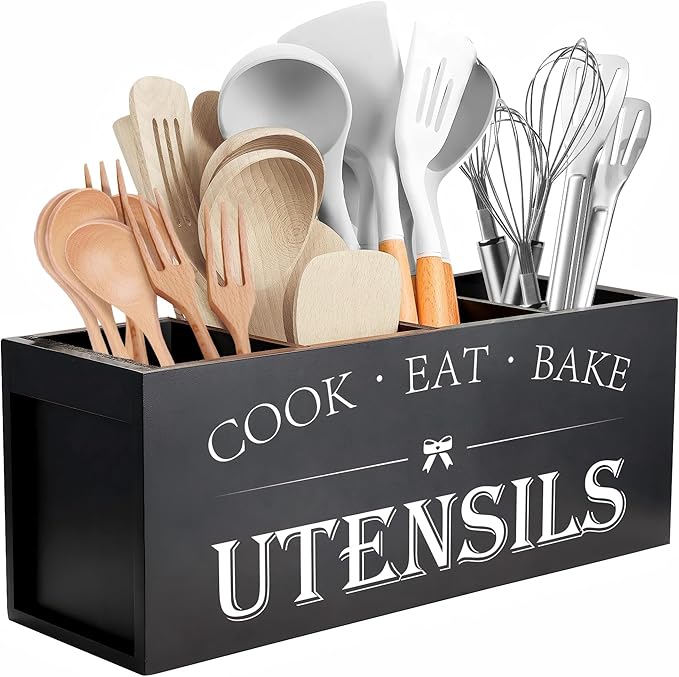 Suli Extra Large Kitchen Utensils Holder with 4 Compartments (Black)