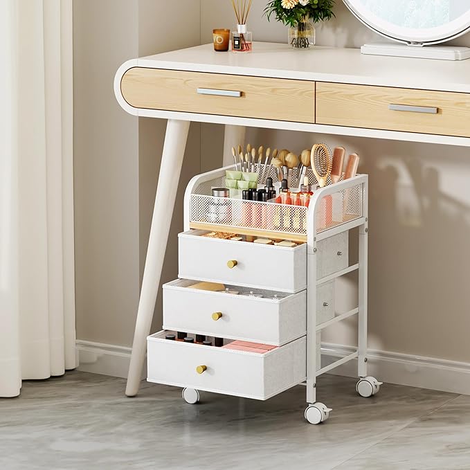 SWTYMIKI Rolling Makeup Organizer Cart - 14.96″*11.81″*23.03″ Widened Under Desk Vanity Storage with 3 Non-woven Drawers, Cosmetic Display Cases for Skin Care Perfume Nail Polish Brush Hair Tool White
