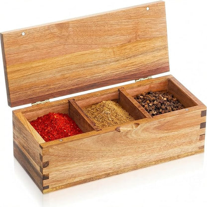 Acacia Wood Salt Cellar Spice Box with Magnetic Lid 29oz Large Capacity Salt Organizer 3 Compartments for Kitchen Countertop, Pepper, Seasonings, Spices, Grilling & Cooking