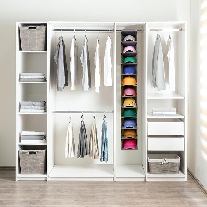 Perfect Curve 11-Pocket Hanging Baseball Hat Organizer - Gray Hat Storage Rack for Closet, Holds Up to 100 Caps. Also store shoes or sneakers or towels. Multiple uses.
