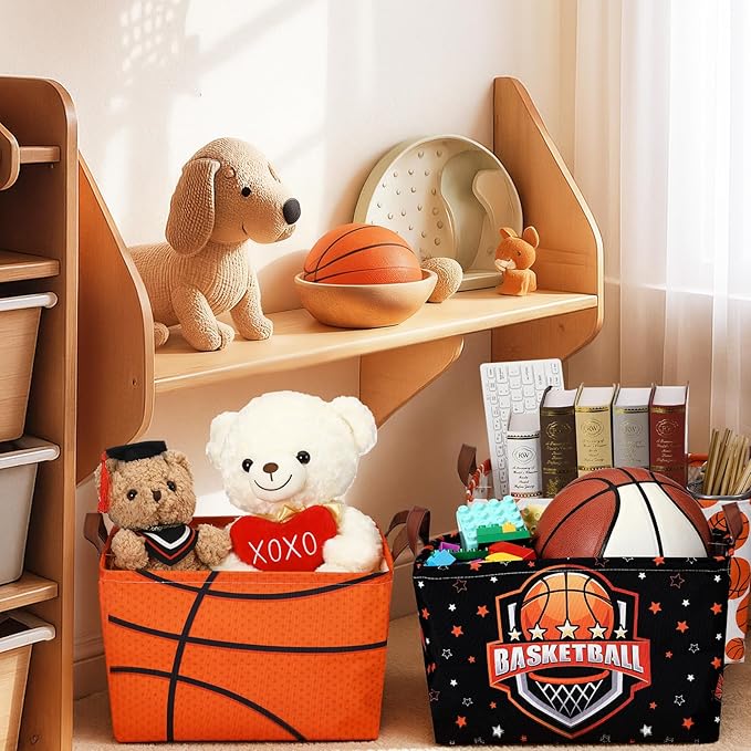 CHENGU 3 Pcs Basketball Baskets Storage Bin Basket for Gifts Collapsible Waterproof Canvas Cube Sports Storage Basketball Organizer with Handles for Clothes Toys Balls Shelf Nursery Boxes Decor