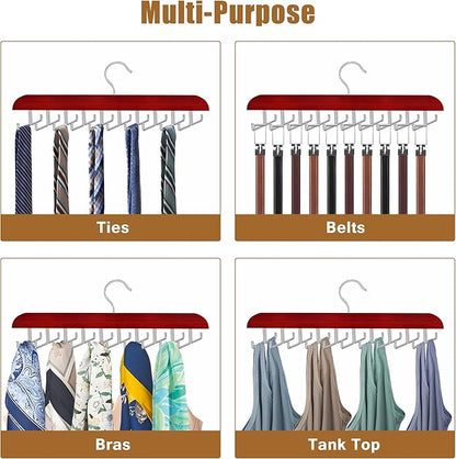 Tie Rack Hanger for Closet, 2 in 1 Belt Tie Hangers with 20 Folding Hooks, 360 Degree Rotating Wooden Tie Holder Organizer for Men Ties Belts Scarves Tank Tops Accessories, Walnut (1 Pack)