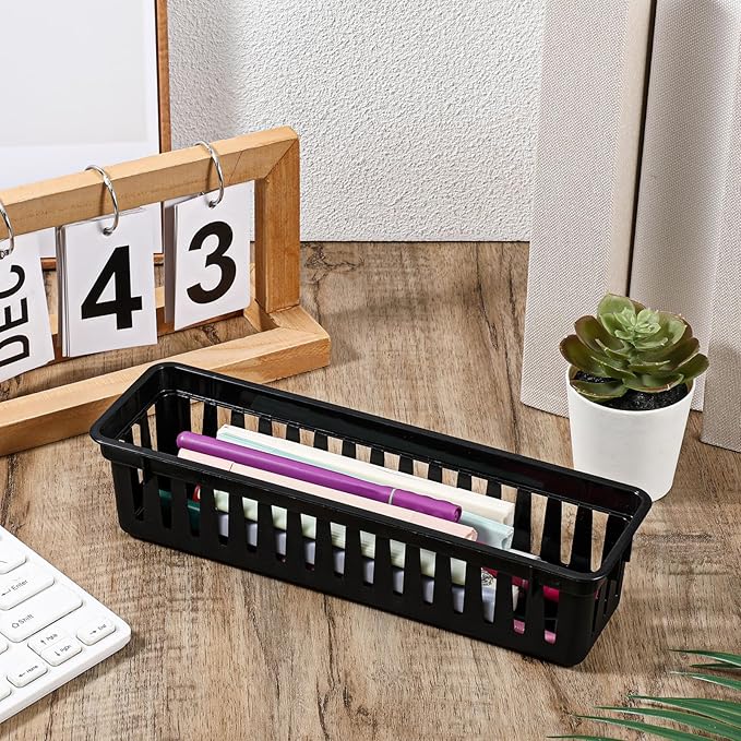 12 Pcs Slim Plastic Storage Baskets Tray, 10 x 3 x 2.4 Inch Black Small Narrow Storage Bins Stackable Desktop Stationery Holder for School, Classroom, Office, Home
