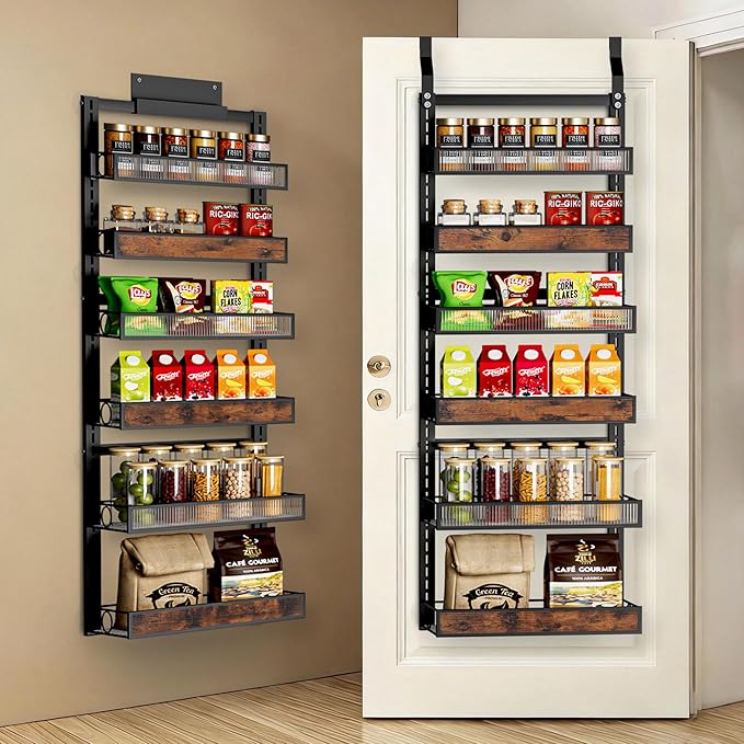 6 Tier Pantry Door Organizer Spice Rack, 2-IN-1 Wall Mount or Hanging Over Door Seasoning Organizer with Adjustable Baskets, Heavy Duty Behind Door Storage Shelves for Pantry, Cabinet and Kitchen