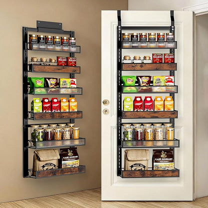 6 Tier Pantry Door Organizer Spice Rack, 2-IN-1 Wall Mount or Hanging Over Door Seasoning Organizer with Adjustable Baskets, Heavy Duty Behind Door Storage Shelves for Pantry, Cabinet and Kitchen