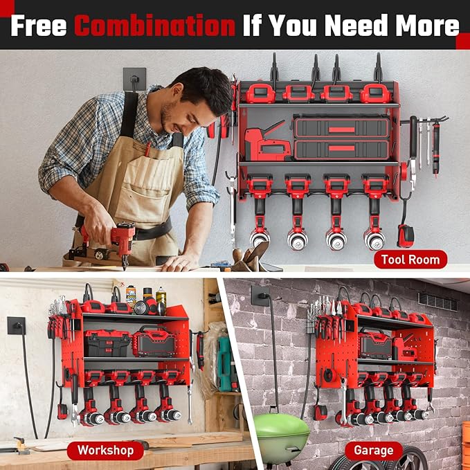 ZESEN Power Tool Organizer with Charging Station, Heavy Duty 3 Layer Drill Holder Wall Mount Garage Shelf Rack with 6 Outlet Power Strip, Tool Shelf with Hooks, Drill Bit Rack for Garage, Red
