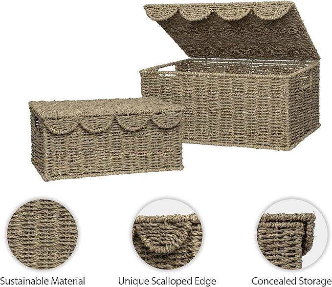 StorageWorks Wicker Storage Basket with Scalloped Edge Lid, Wicker Basket with Built-in Handles, Handwoven Seagrass Box for Décor, 13" L x 9 ½" W x 6" H
