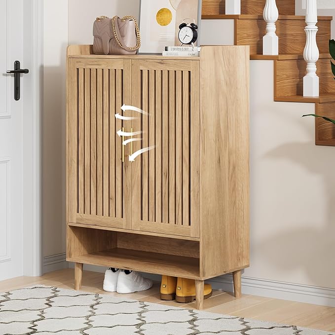 Shoe Cabinet, Large 6-Tier Shoe Storage Cabinet with Louvered 2 Doors, 44" Tall Freestanding Entryway Shoe Cabinet with Adjustable Shelves, Modern Shoe Organizer Cabinet, Shoe Rack Cabinet (Oak)