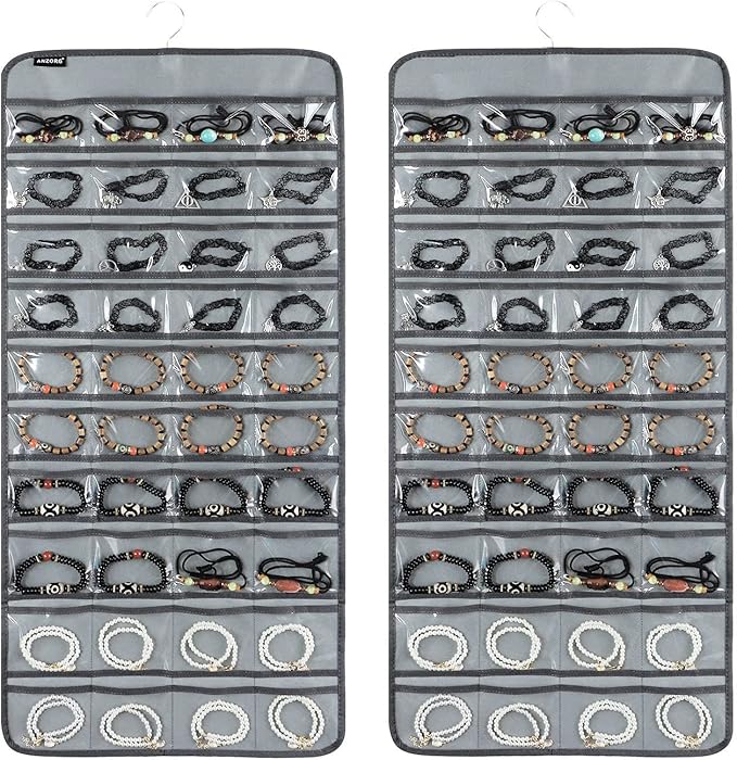 80 Pockets Hanging Jewelry Organizer for Holding Jewelries Dual-Sided Accessory Display Holder for Earrings Bracelets Rings (80 Pockets-Grey)