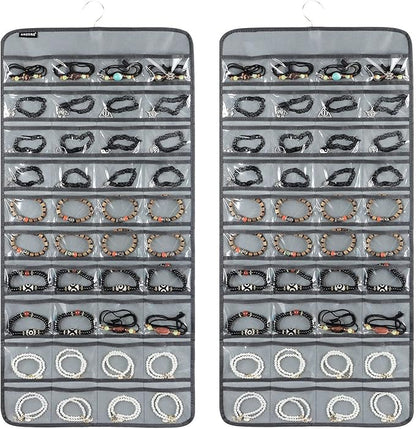 80 Pockets Hanging Jewelry Organizer for Holding Jewelries Dual-Sided Accessory Display Holder for Earrings Bracelets Rings (80 Pockets-Grey)