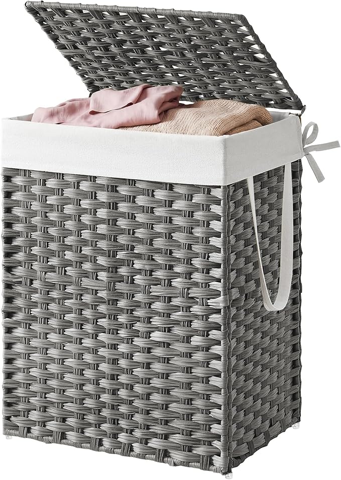 SONGMICS HOME Laundry Hamper with Lid, Clothes Basket with Removable Liner and Handles, 23.8 Gallon, Foldable Narrow Laundry Organizer for Bathroom, Bedroom, Gray
