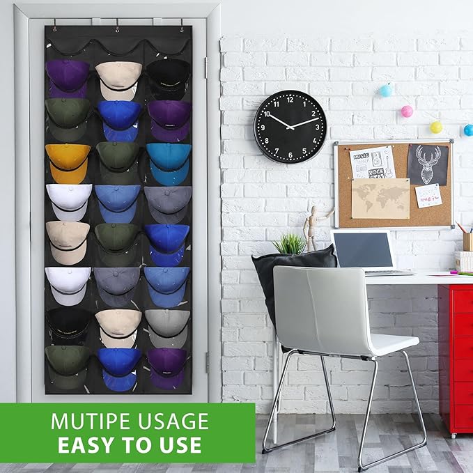 Dofilachy Hat Rack - Hat Organizer - Hat Racks for Baseball Caps, Visible Hat Holder - Baseball Rack for Wall Door with 3 Hooks, 27 Deep Pockets
