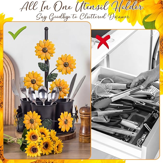 Sunflower Utensil Holder Sunflower Kitchen Decor and Accessories Cute Kitchen Decor Set Countertop Country Stuff Home Vintage Rustic Unique Counter Gift for Spatula Ladle Counter