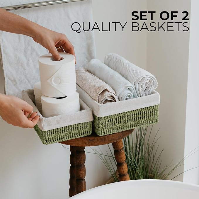 Beautiful Toilet Paper Storage Basket Set of 2 – Decorative Wicker Bathroom Organizer for Toilet Tank Trays - Quality Holder Bin for Shelves Fits Perfectly with Any Bathroom Decor