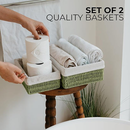 Beautiful Toilet Paper Storage Basket Set of 2 – Decorative Wicker Bathroom Organizer for Toilet Tank Trays - Quality Holder Bin for Shelves Fits Perfectly with Any Bathroom Decor