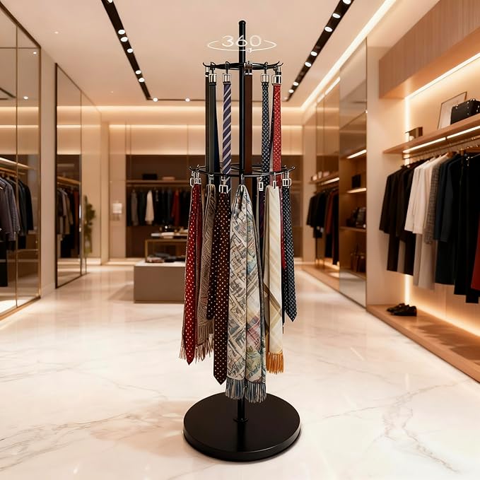 360° Rotation Belt Hanger, Black Belt Display Scarf &Ties Rack Stand, Floor Mounted Metal Men Closet Belt Organizer Holder Jewelry Necklaces Purse Hanger Shelf for Clothing Store Retail & Home