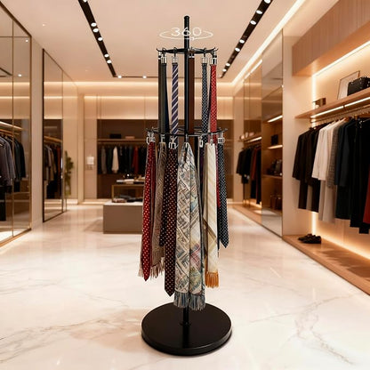360° Rotation Belt Hanger, Black Belt Display Scarf &Ties Rack Stand, Floor Mounted Metal Men Closet Belt Organizer Holder Jewelry Necklaces Purse Hanger Shelf for Clothing Store Retail & Home