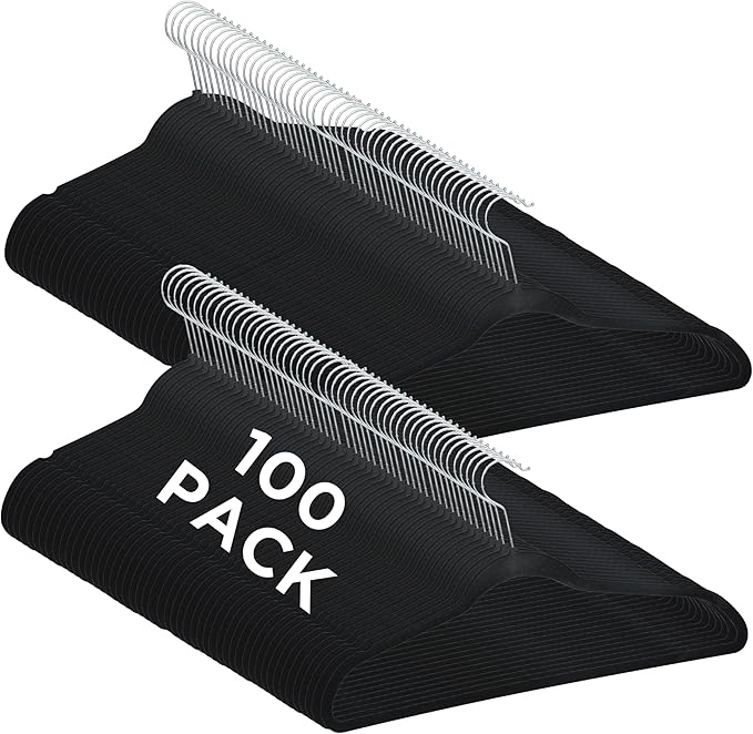 Simplify Slim Velvet Clothes Hangers | 100 Pack | Non-Slip | Shirts | Suit | Pants | Dresses | Garments | Closet Storage & Organization | Durable | Black