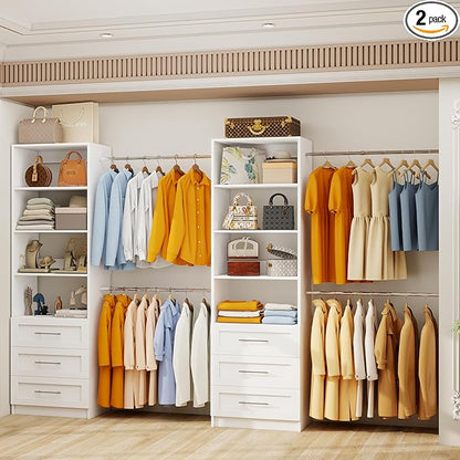 Closet System with 6 Drawers, 6FT-15FT Wooden Closet Organizer System with 8 Expandable Hanging Rods and Shelves, Closet Shelving System for Walk in Closet for Bedroom,Wall Mount, White 2 Sets