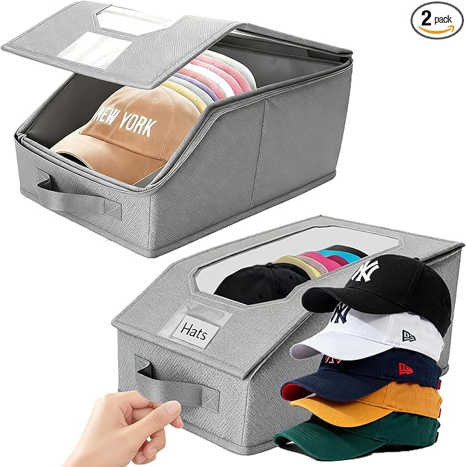 2 Pcs Stackable Baseball Cap Organizer, Washable Foldable Oxford Cloth, Smooth Durable Metal Zipper Hat Storage Holder for Closet, Holds 24 Caps with Large Clear Window, Hat Box for Home Storage