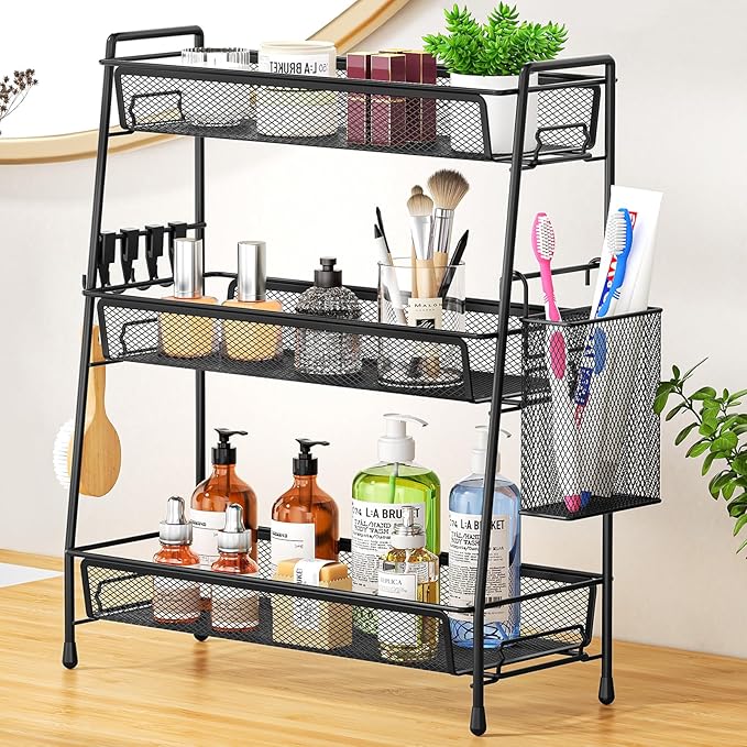 VITVITI 3-Tier Bathroom Organizer Countertop, Metal Wire Mesh Bathroom Counter Organizer Storage with Basket Hooks, Vanity Tray Shelf, Kitchen Spice Rack (Black)
