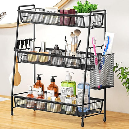 VITVITI 3-Tier Bathroom Organizer Countertop, Metal Wire Mesh Bathroom Counter Organizer Storage with Basket Hooks, Vanity Tray Shelf, Kitchen Spice Rack (Black)