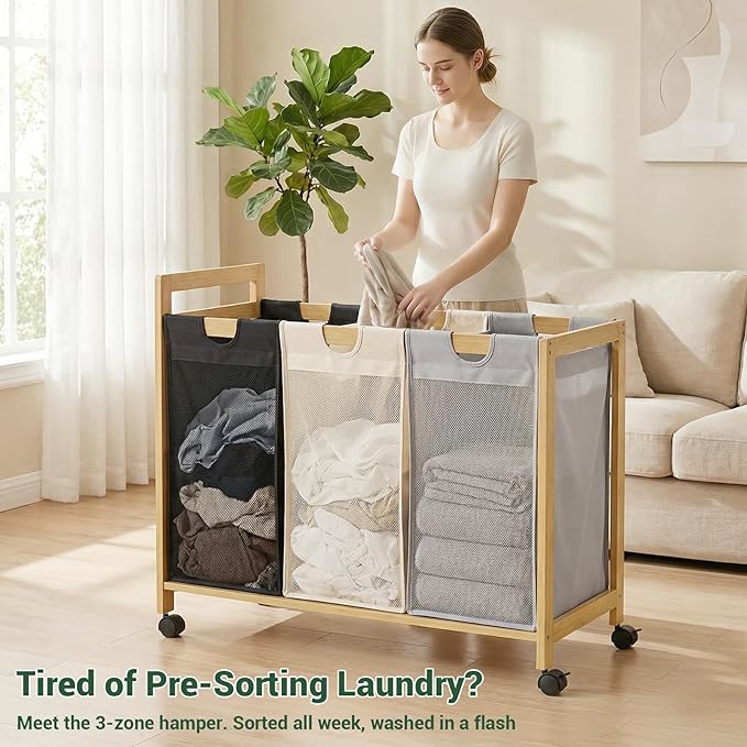 Homykic 250L Laundry Sorter Cart with Wheels, 3-Section Rolling Laundry Basket with Removable Bags, 66 Gal Large Laundry Hamper Organizer, Heavy Duty Bamboo Frame, Water-Resistant, Multicolor
